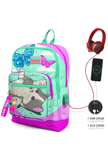 Coral High Kids Su Yeşili Pembe Kedi Desenli Dört Bölmeli USB'li Okul Sırt Çantası 23807 - 1