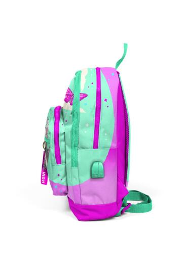 Coral High Kids Su Yeşili Pembe Kedi Desenli Dört Bölmeli USB'li Okul Sırt Çantası 23807 - 2