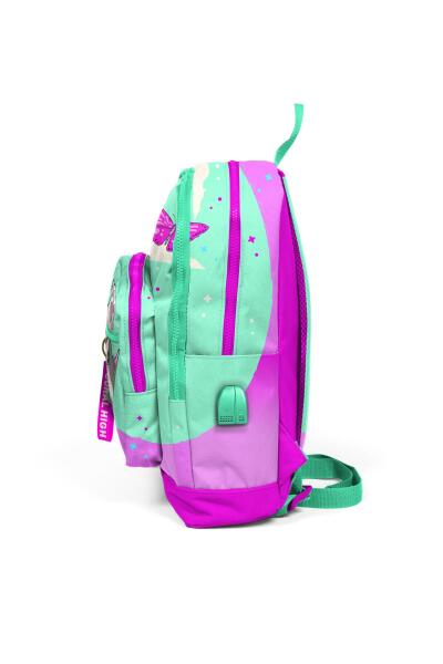 Coral High Kids Su Yeşili Pembe Kedi Desenli Dört Bölmeli USB'li Okul Sırt Çantası 23807 - 2