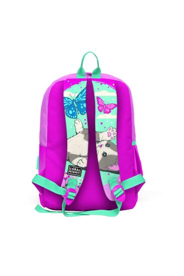 Coral High Kids Su Yeşili Pembe Kedi Desenli Dört Bölmeli USB'li Okul Sırt Çantası 23807 - 3
