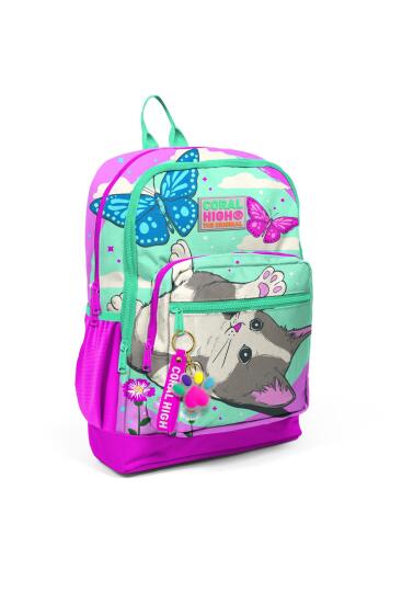 Coral High Kids Su Yeşili Pembe Kedi Desenli Dört Bölmeli USB'li Okul Sırt Çantası 23807 - 7