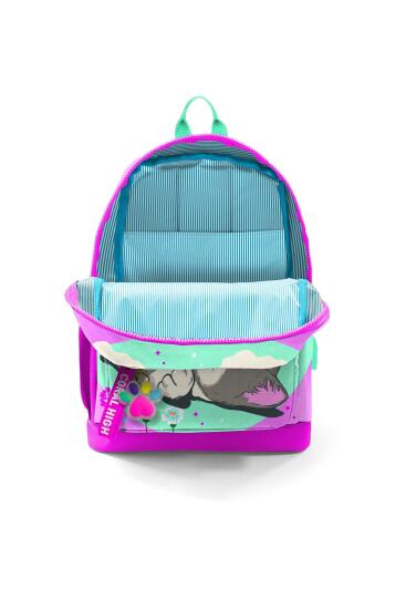 Coral High Kids Su Yeşili Pembe Kedi Desenli Dört Bölmeli USB'li Okul Sırt Çantası 23807 - 4