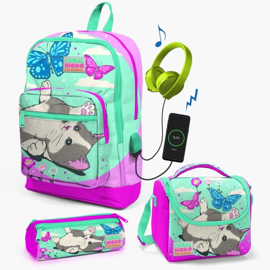 Coral High Kids Su Yeşili Pembe Kedi Desenli USB'li 3’lü Okul Çanta Seti SET0123807 - 1
