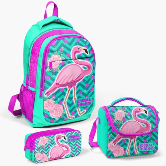 Coral High Kids Su Yeşili Pembe Simli Flamingo Desenli 3’lü Okul Çanta Seti SET0114382 - 1