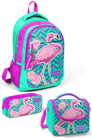 Coral High Kids Su Yeşili Pembe Simli Flamingo Desenli 3’lü Okul Çanta Seti SET0114382 