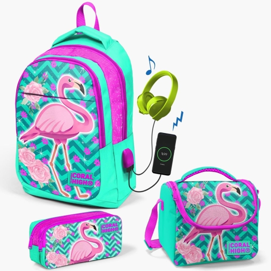 Coral High Kids Su Yeşili Pembe Simli Flamingo Desenli Usb'li 3’lü Okul Çanta Seti SET0123411 - 1