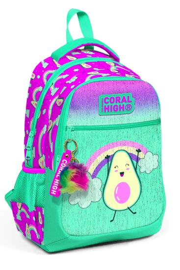 Coral High Kids Pembe Su Yeşili Avokado Desenli Simli Üç Bölmeli Okul Sırt Çantası 23491 