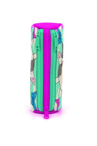 Coral High Kids Su Yeşili Pembe Kedi Desenli Üç Bölmeli Kalem Çantası 22007 - 2
