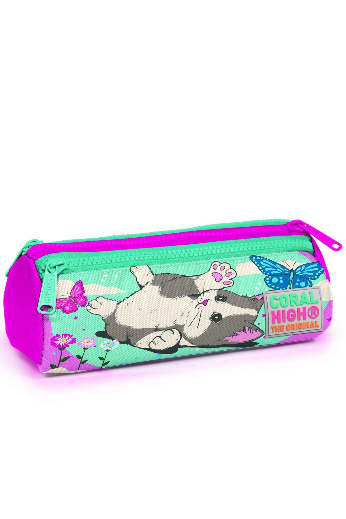 Coral High Kids Su Yeşili Pembe Kedi Desenli Üç Bölmeli Kalem Çantası 22007