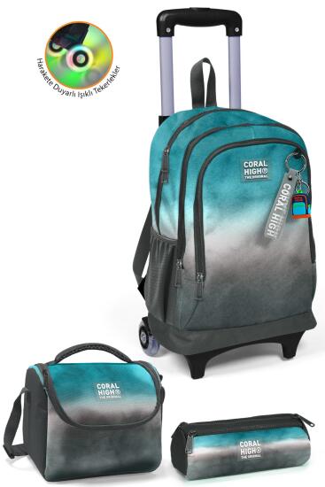 Coral High Kids Turkuaz Gri Batik Üç Bölmeli Çekçekli 3'lü Çanta Seti SET0123968 - Coral High