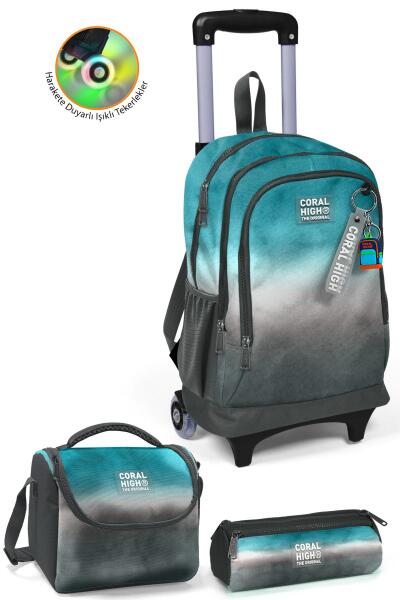 Coral High Kids Turkuaz Gri Batik Üç Bölmeli Çekçekli 3'lü Çanta Seti SET0123968 - 1
