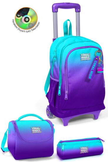 Coral High Kids Turkuaz Mor Renk Geçişli Üç Bölmeli Çekçekli 3'lü Çanta Seti SET0123963 