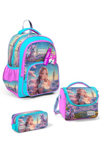 Coral High Kids Turkuaz Pembe Anime Kız Desenli 3’lü Okul Çanta Seti SET0114420 