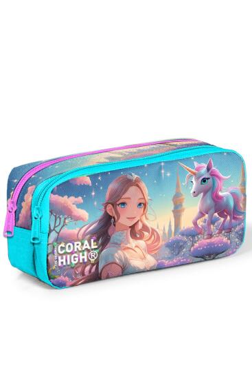 Coral High Kids Turkuaz Pembe Anime Kız Desenli İki Bölmeli Kalem Çantası 12094 - Coral High KIDS