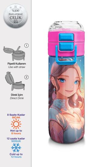 Coral High Kids Turkuaz Pembe Anime Kız Desenli Pipetli ve Direkt İçim Çelik Termos 500 ml 31858 - Coral High KIDS