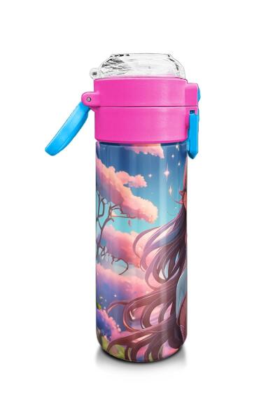 Coral High Kids Turkuaz Pembe Anime Kız Desenli Pipetli ve Direkt İçim Çelik Termos 500 ml 31858 - 2