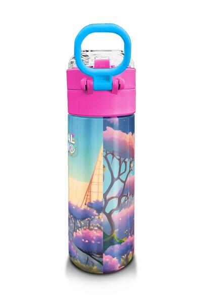 Coral High Kids Turkuaz Pembe Anime Kız Desenli Pipetli ve Direkt İçim Çelik Termos 500 ml 31858 - 3