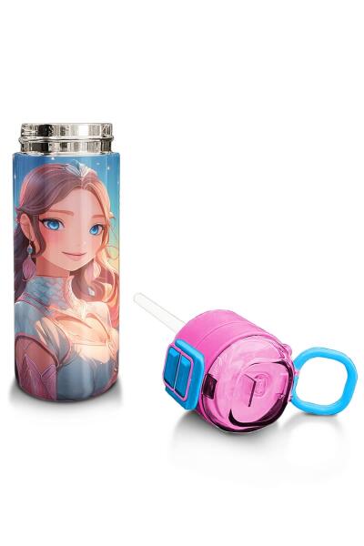 Coral High Kids Turkuaz Pembe Anime Kız Desenli Pipetli ve Direkt İçim Çelik Termos 500 ml 31858 - 4