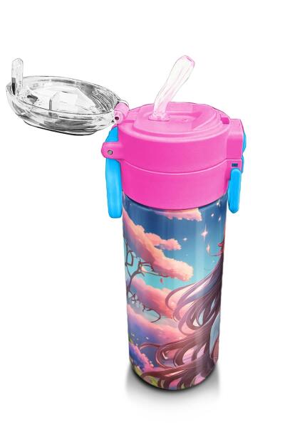 Coral High Kids Turkuaz Pembe Anime Kız Desenli Pipetli ve Direkt İçim Çelik Termos 500 ml 31858 - 5