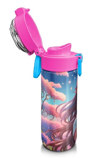 Coral High Kids Turkuaz Pembe Anime Kız Desenli Pipetli ve Direkt İçim Çelik Termos 500 ml 31858 - 6