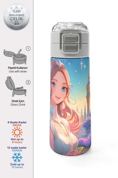 Coral High Kids Turkuaz Pembe Anime Kız Desenli Pipetli ve Direkt İçim Çelik Termos 500 ml 31858 - 1
