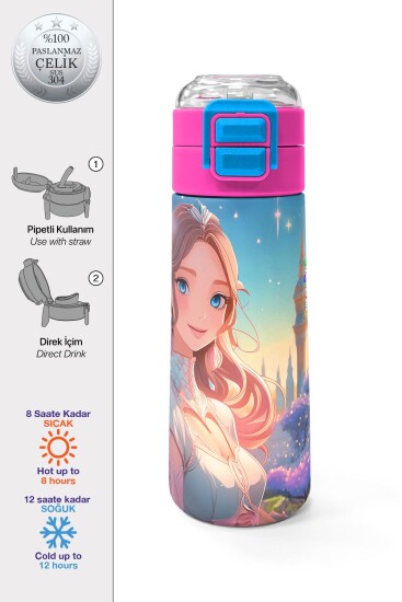 Coral High Kids Turkuaz Pembe Anime Kız Desenli Pipetli ve Direkt İçim Çelik Termos 500 ml 31858 