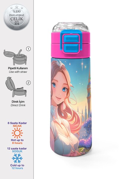 Coral High Kids Turkuaz Pembe Anime Kız Desenli Pipetli ve Direkt İçim Çelik Termos 500 ml 31858 - 1