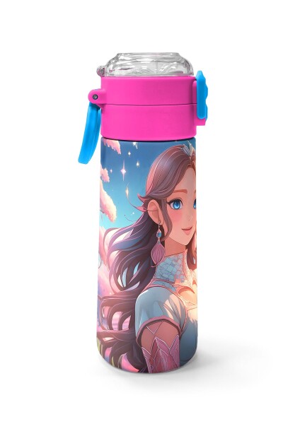 Coral High Kids Turkuaz Pembe Anime Kız Desenli Pipetli ve Direkt İçim Çelik Termos 500 ml 31858 - 2