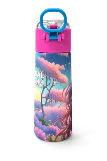 Coral High Kids Turkuaz Pembe Anime Kız Desenli Pipetli ve Direkt İçim Çelik Termos 500 ml 31858 - 4