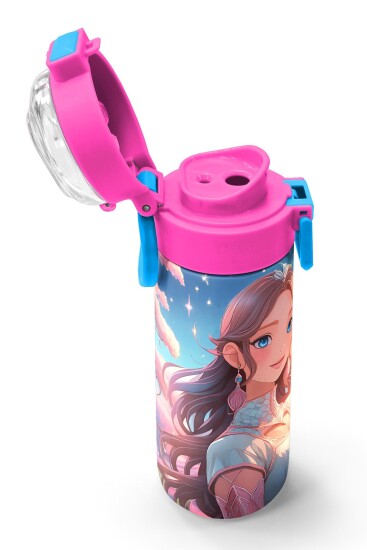 Coral High Kids Turkuaz Pembe Anime Kız Desenli Pipetli ve Direkt İçim Çelik Termos 500 ml 31858 - 6