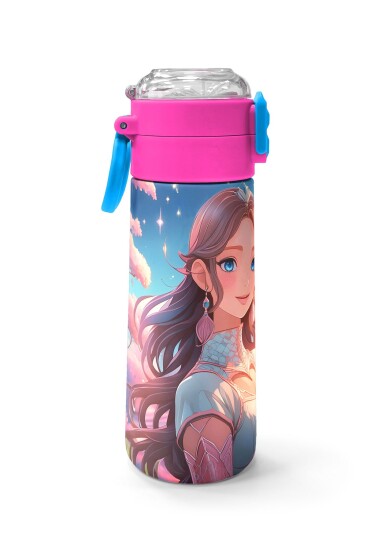 Coral High Kids Turkuaz Pembe Anime Kız Desenli Pipetli ve Direkt İçim Çelik Termos 500 ml 31858 - 2