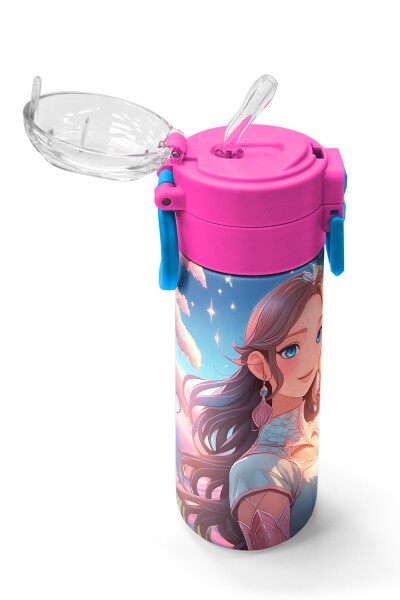 Coral High Kids Turkuaz Pembe Anime Kız Desenli Pipetli ve Direkt İçim Çelik Termos 500 ml 31858 - 5