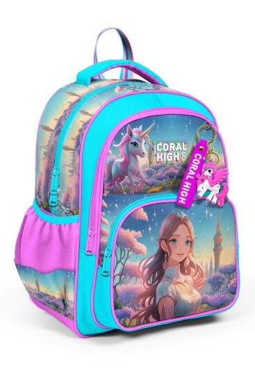 Coral High Kids Turkuaz Pembe Anime Kız Desenli Üç Bölmeli Okul Sırt Çantası 14420 - Coral High