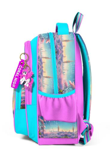 Coral High Kids Turkuaz Pembe Anime Kız Desenli Üç Bölmeli Okul Sırt Çantası 14420 - 2