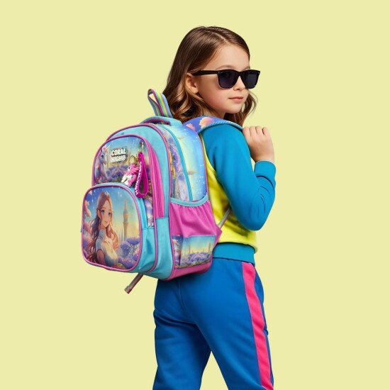 Coral High Kids Turkuaz Pembe Anime Kız Desenli Üç Bölmeli Okul Sırt Çantası 14420 - Coral High