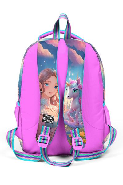 Coral High Kids Turkuaz Pembe Anime Kız Desenli Üç Bölmeli Okul Sırt Çantası 14420 - 5