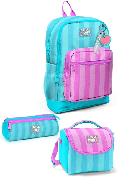 Coral High Kids Turkuaz Pembe Çizgili 3’lü Okul Çanta Seti SET0123771 - 1