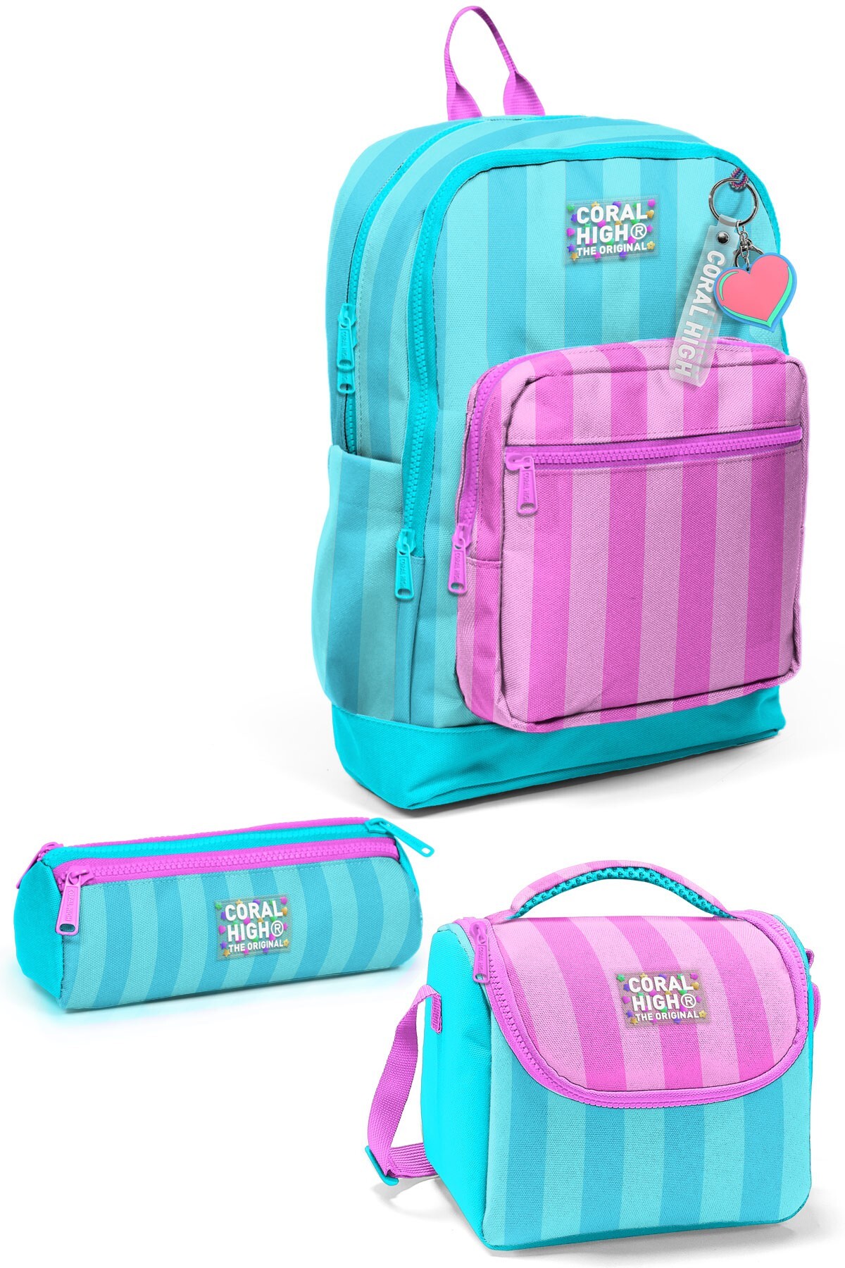 Coral High Kids Turkuaz Pembe Çizgili 3’lü Okul Çanta Seti SET0123771