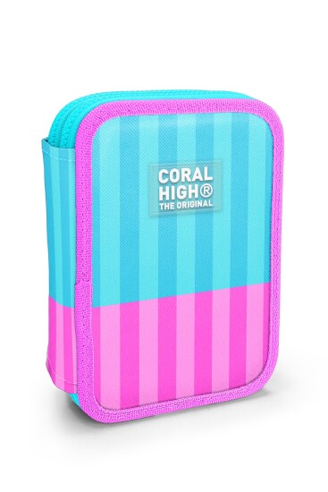 Coral High Kids Turkuaz Pembe Çizgili Desenli Çift Katlı Kalem Çanta 31120 - Coral High