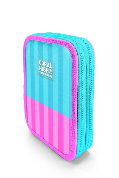 Coral High Kids Turkuaz Pembe Çizgili Desenli Çift Katlı Kalem Çanta 31120 - 2
