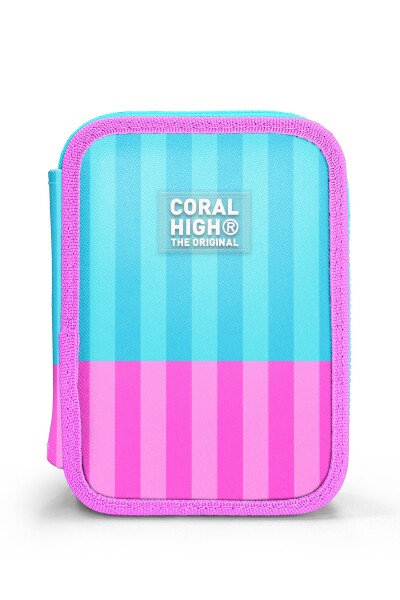 Coral High Kids Turkuaz Pembe Çizgili Desenli Çift Katlı Kalem Çanta 31120 - 10