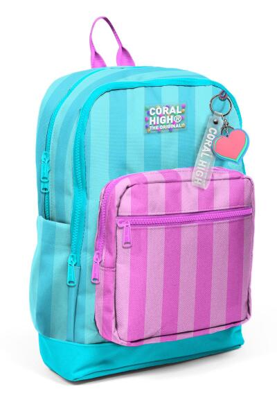 Coral High Kids Turkuaz Pembe Çizgili Dört Bölmeli Okul Sırt Çantası 23771 - 1