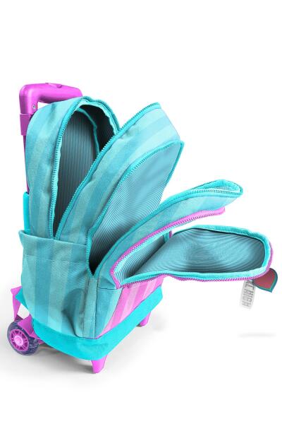 Coral High Kids Turkuaz Pembe Çizgili Üç Bölmeli Çekçekli Okul Sırt Çantası 23971 - 3