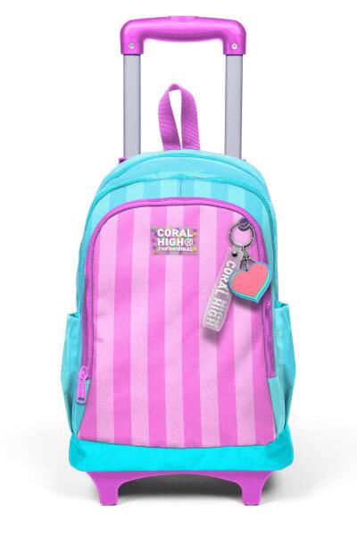 Coral High Kids Turkuaz Pembe Çizgili Üç Bölmeli Çekçekli Okul Sırt Çantası 23971 - 8