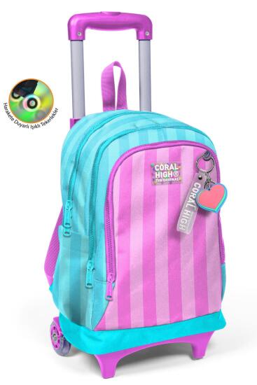 Coral High Kids Turkuaz Pembe Çizgili Üç Bölmeli Çekçekli Okul Sırt Çantası 23971 