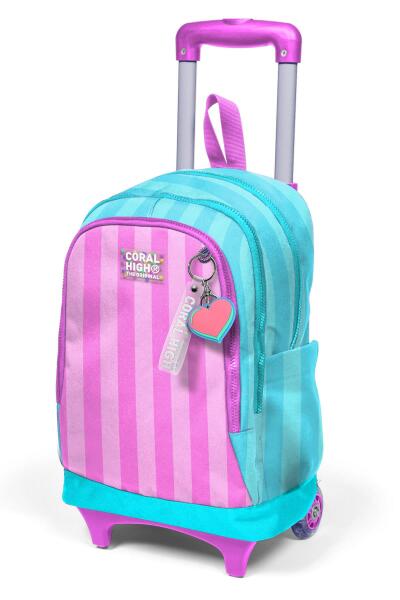 Coral High Kids Turkuaz Pembe Çizgili Üç Bölmeli Çekçekli Okul Sırt Çantası 23971 - 6