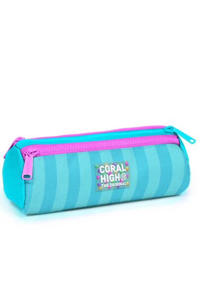 Coral High Kids Turkuaz Pembe Çizgili Üç Bölmeli Kalem Çantası 22087 - 1