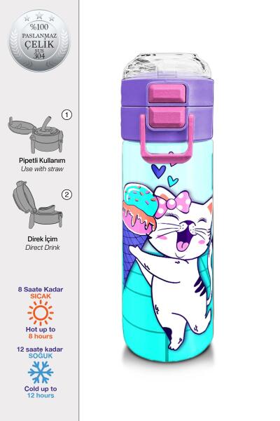 Coral High Kids Turkuaz Pembe Dondurmalı Desenli Pipetli ve Direkt İçim Çelik Termos 500 ml 31952 - 1