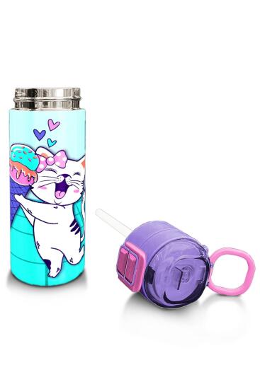 Coral High Kids Turkuaz Pembe Dondurmalı Desenli Pipetli ve Direkt İçim Çelik Termos 500 ml 31952 - 4