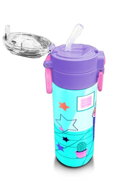 Coral High Kids Turkuaz Pembe Dondurmalı Desenli Pipetli ve Direkt İçim Çelik Termos 500 ml 31952 - 5